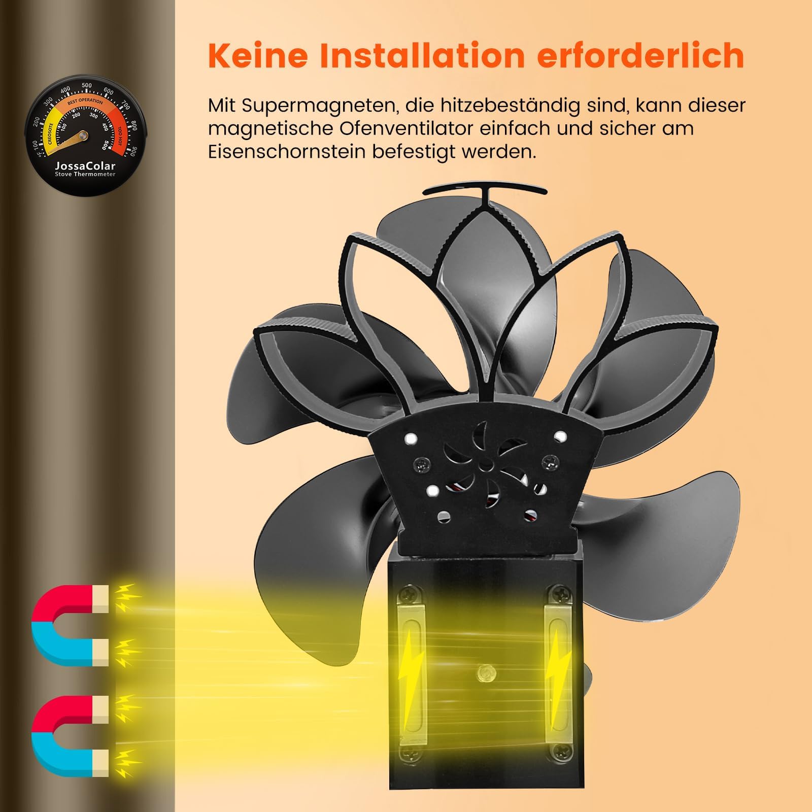 JossaColar Ofenventilator Kaminventilator Magnetisch | 6 Klingen Kaminventilator Ofenrohr Ventilator | Ofenventilator Ohne Strom | Kamin Ventilator inkl. Magnetisches Thermometer