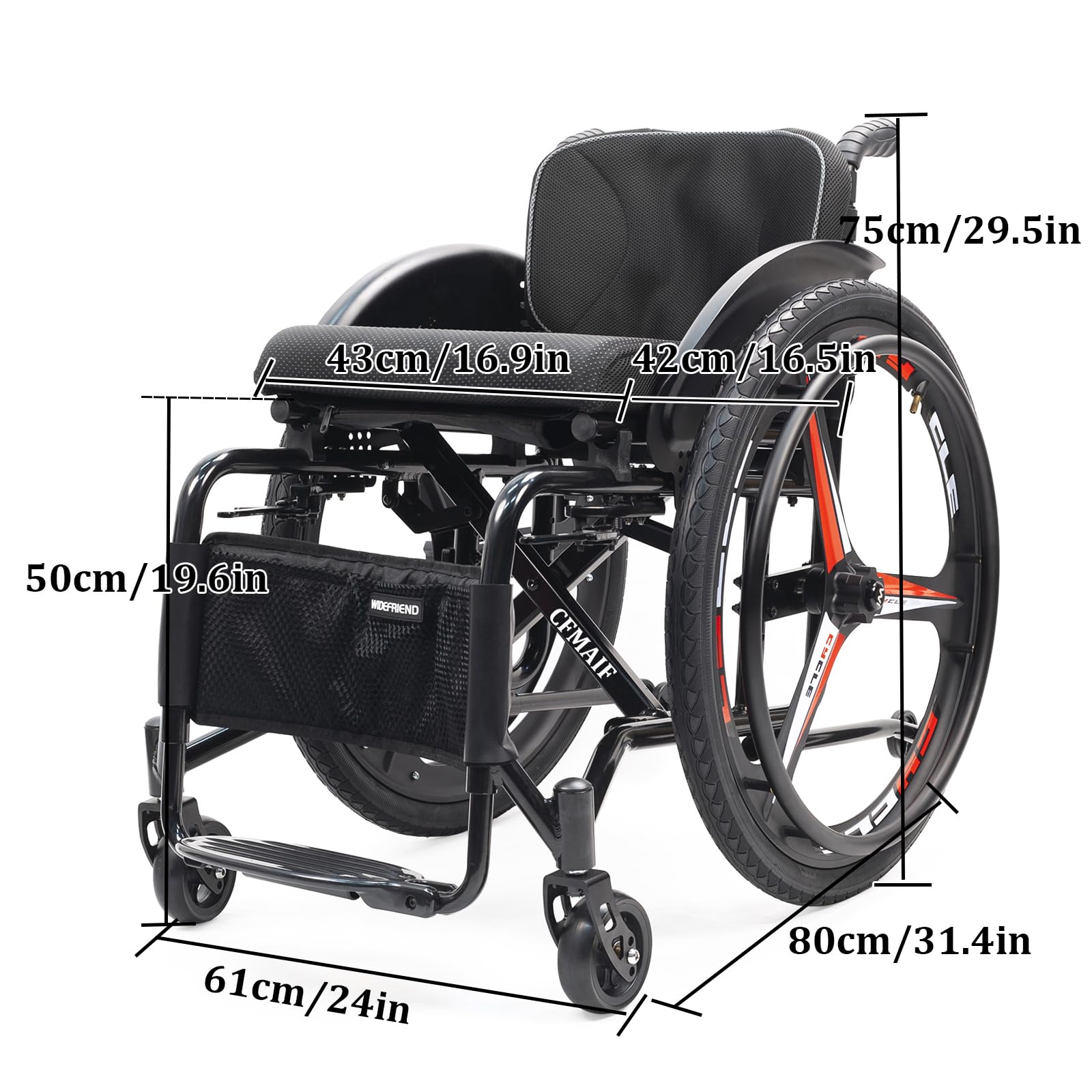 Sedia a Rotelle ad Autospinta Pieghevole Leggera, Poggiapiedi Pieghevoli, Freno Manuale, Ruote antiribaltamento(43cm/16.9in Seat,Daily)