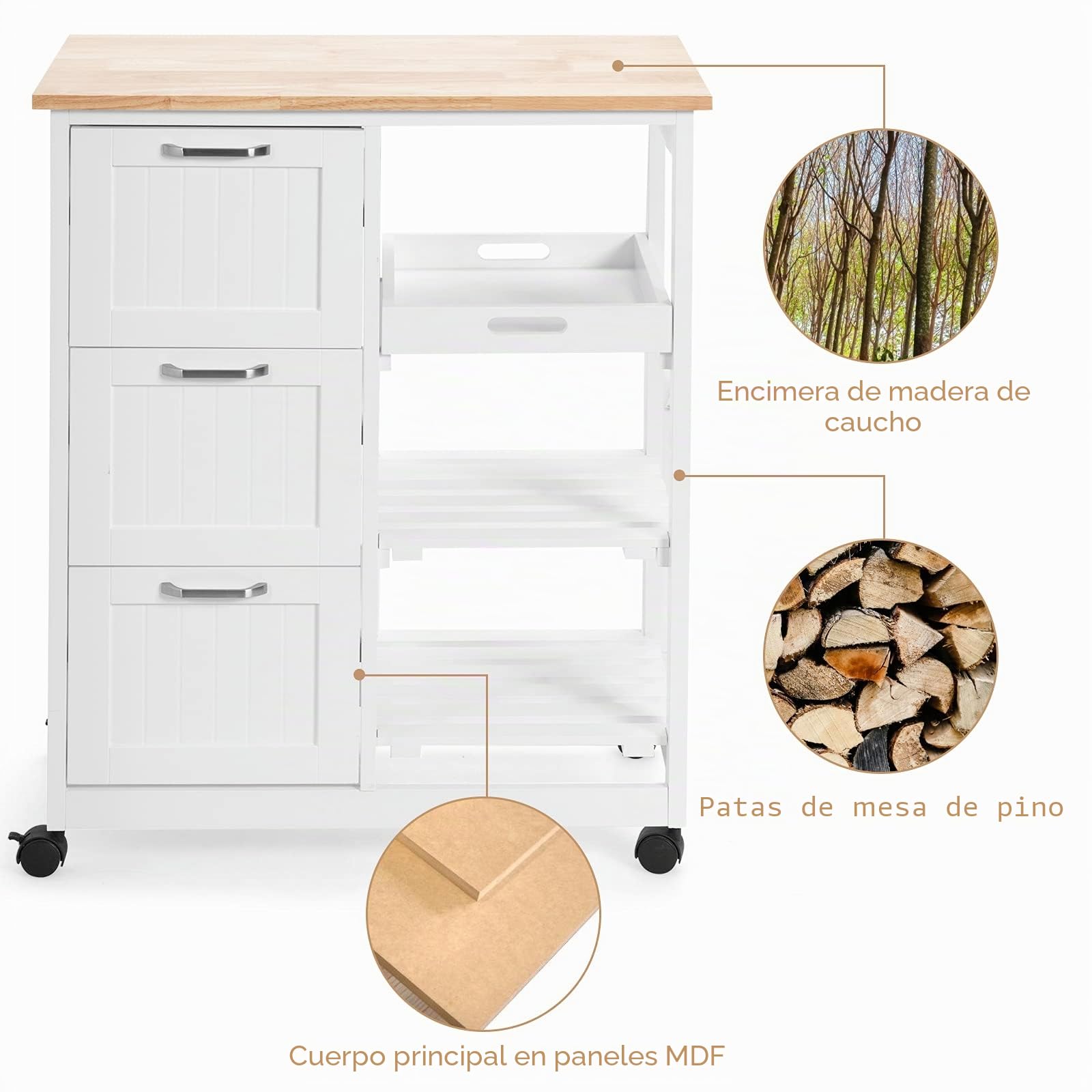 GOPLUS Carro de Cocina con Ruedas con 3 Cajones y 3 Niveles, Carrito de Cocina de Madera con 1 Bandeja Extraíble y Freno, Ideal para Cocina, Salón, Pasillo, 67 x 37 x 83,5 cm, Blanco y Natural
