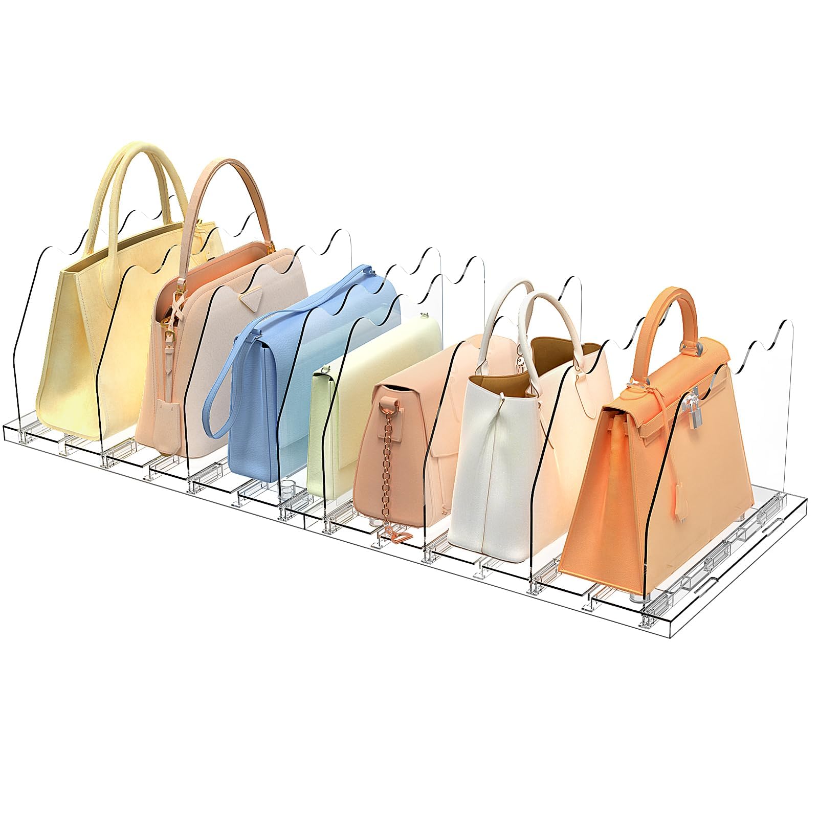 SOYO Adjustable Clear Purse Organizers for Closet, Acrylic Shelf Divider for Bag and Purse Storage, Clear Pocketbook and Handbag Organizer, Bookshelf Separator Organizers for House, Office Use, Clear