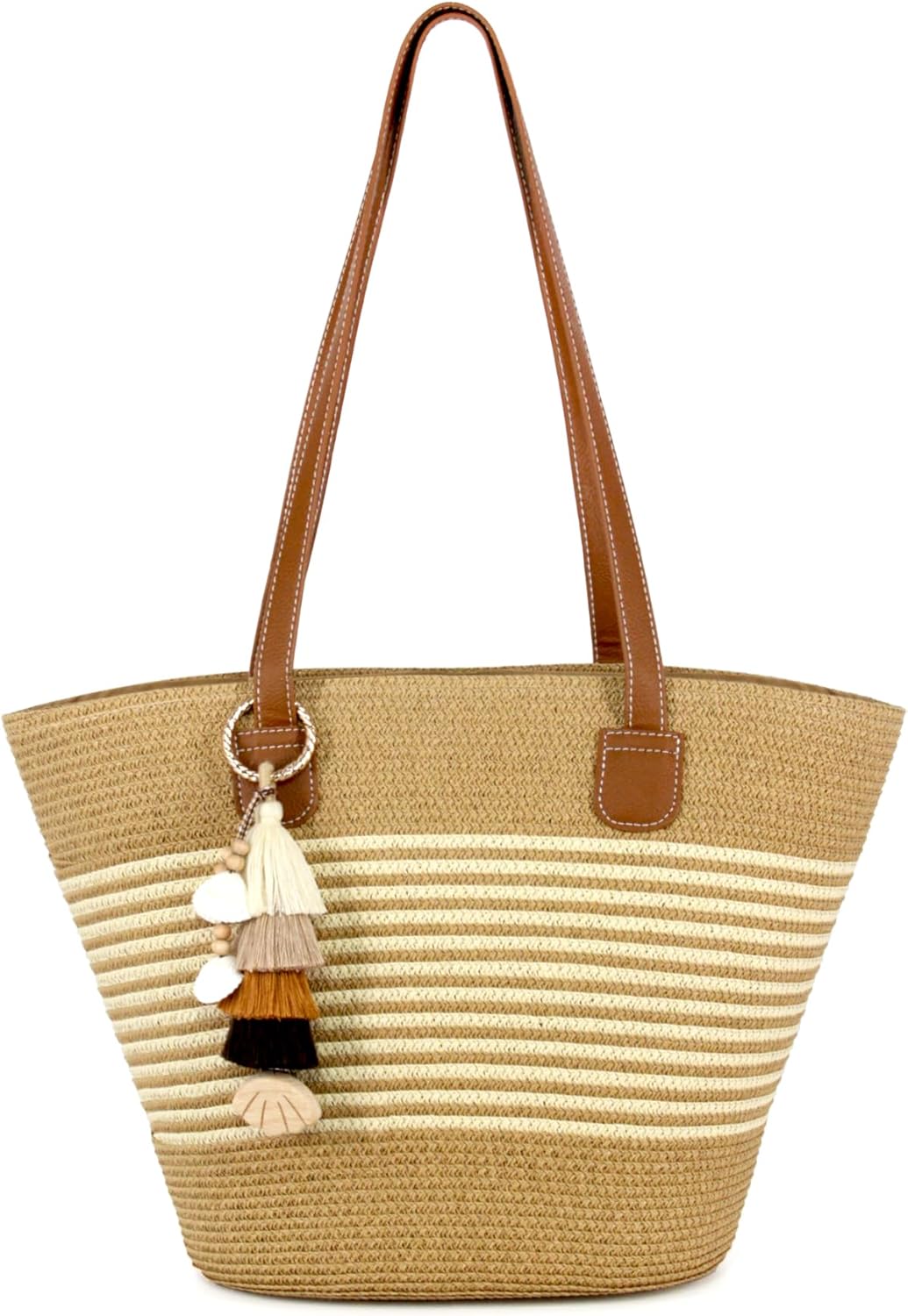 RUNROLE Straw Beach Tote Bag with Tassel Hat Clip for Travel, Handmade Lightweight Raffia Hobo Summer Shoulder Bag for Women