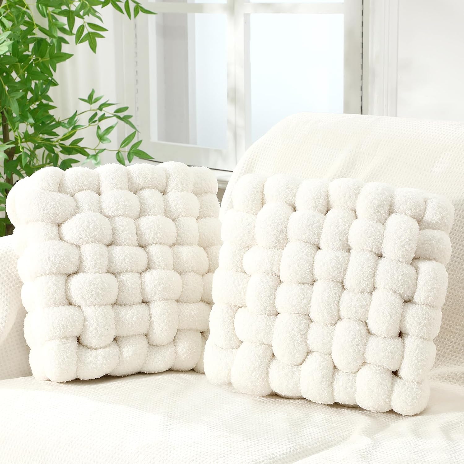 Wenqik 2 Pcs Knot Pillows Square Knotted Plush Throws Soft Accent Pillows Decoration Cushion for Couch Home Office Living Room Bedroom Bed Sofa Decor, 12'' x 13''(Black,Crystal Velvet)