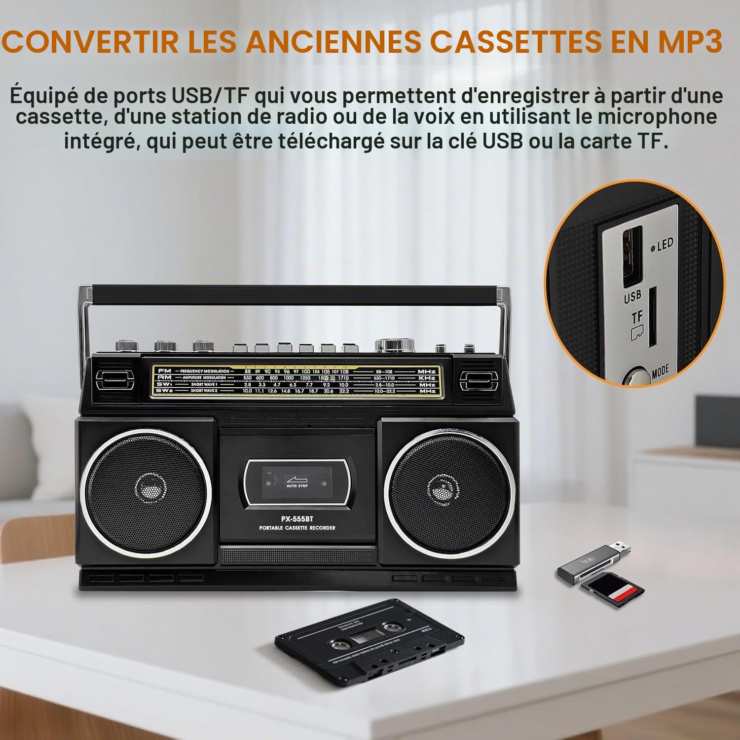 Lecteur de Cassettes avec Bluetooth et Radio (AM/FM/SW) | Numérisation des Cassettes sur USB | Son Stéréo, 10W, Lecture USB/TF, Alimentation Secteur/Pile, Prise Casque