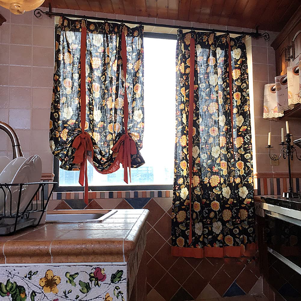SERENEPEAK Short Curtains, Tie Up Curtain Valance Balloon Blind, Roman Shade Sunshade Window Drapery, Linen Blended Farmhouse Kitchen Curtain, 2 Pieces(WxH 125x150cm/49x59inch)