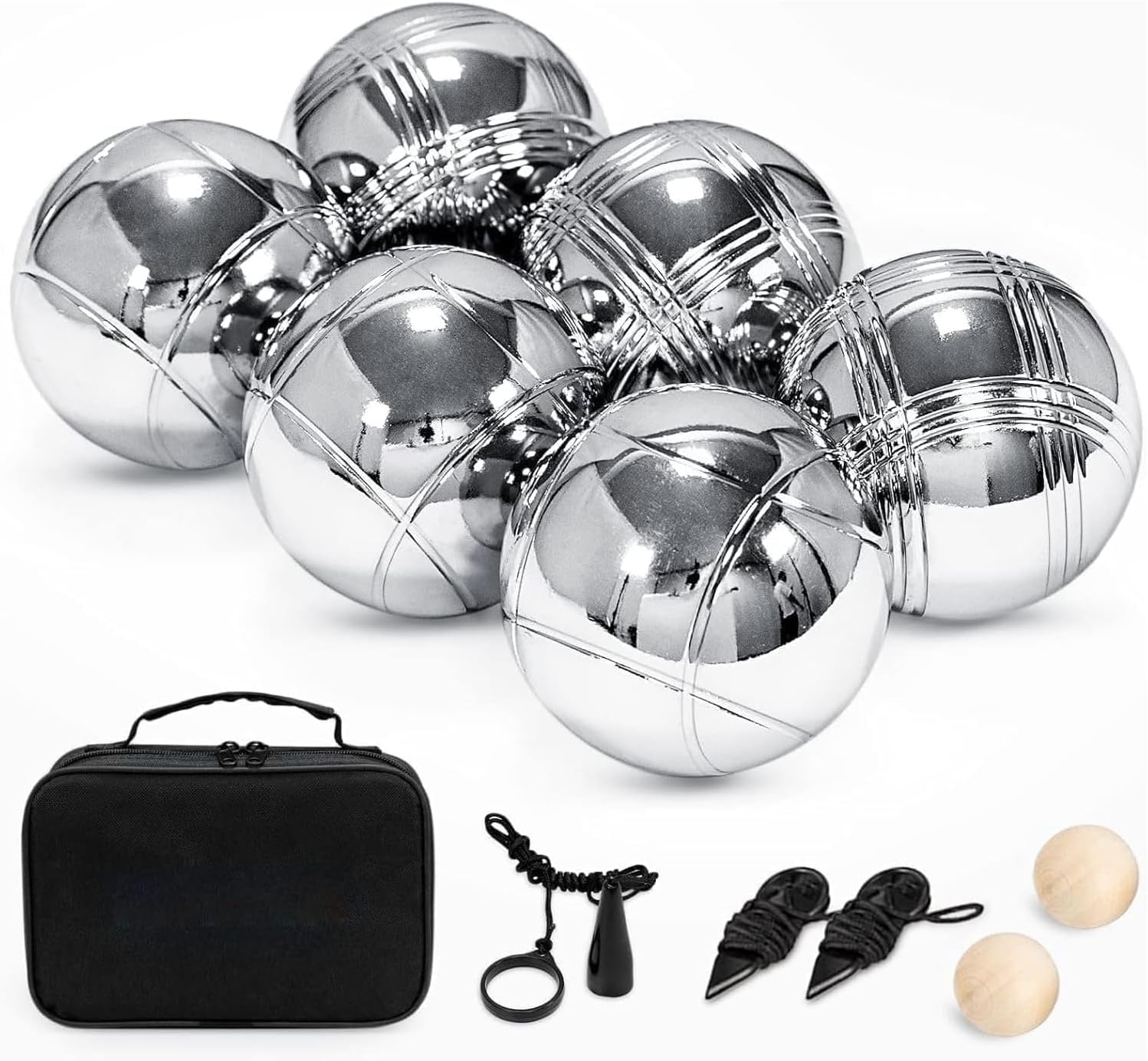 Boule Set 6 Kugeln Metall,Petanque & Boccia Kugeln mit 2 Zielkugeln, Magnetischem Kugelheber, Abstandsmessern & Oxford Tragetasche – Outdoor Gartenspiel für Erwachsene & Familie