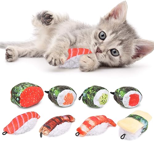REKOBON Juguetes de hierba gatera, paquete de 8 juguetes para gatos de interior, juguete masticable resistente a las mordeduras con rollo de sushi,