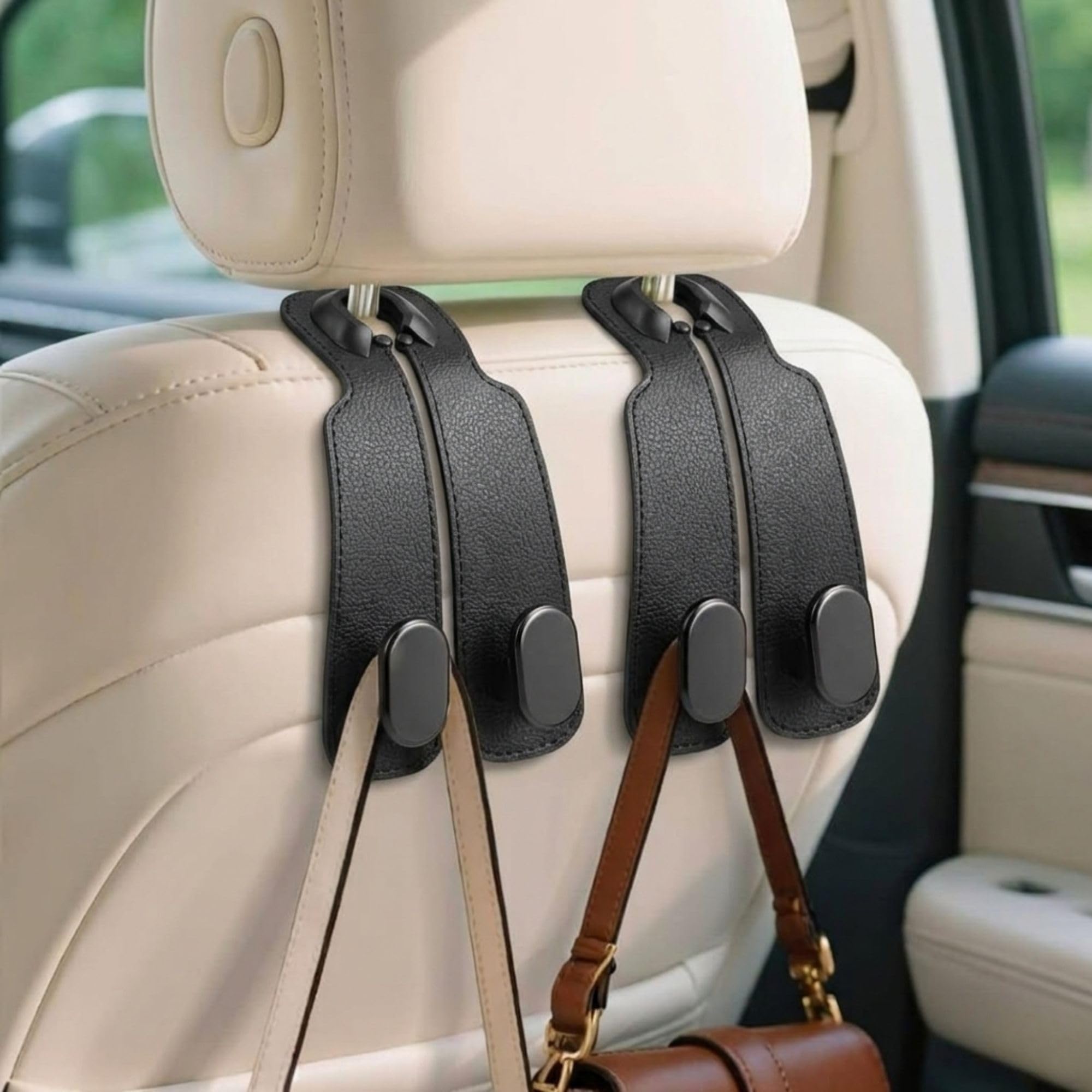 Hian Leather Car Seat Headrest Double Hooks, Back Seat Organizer for Purse, Handbag, Grocery Bags and Backpack, Multifunctional Car Storage Hook for Vehicle Seat Back (Black, Pack of 2)-image-16