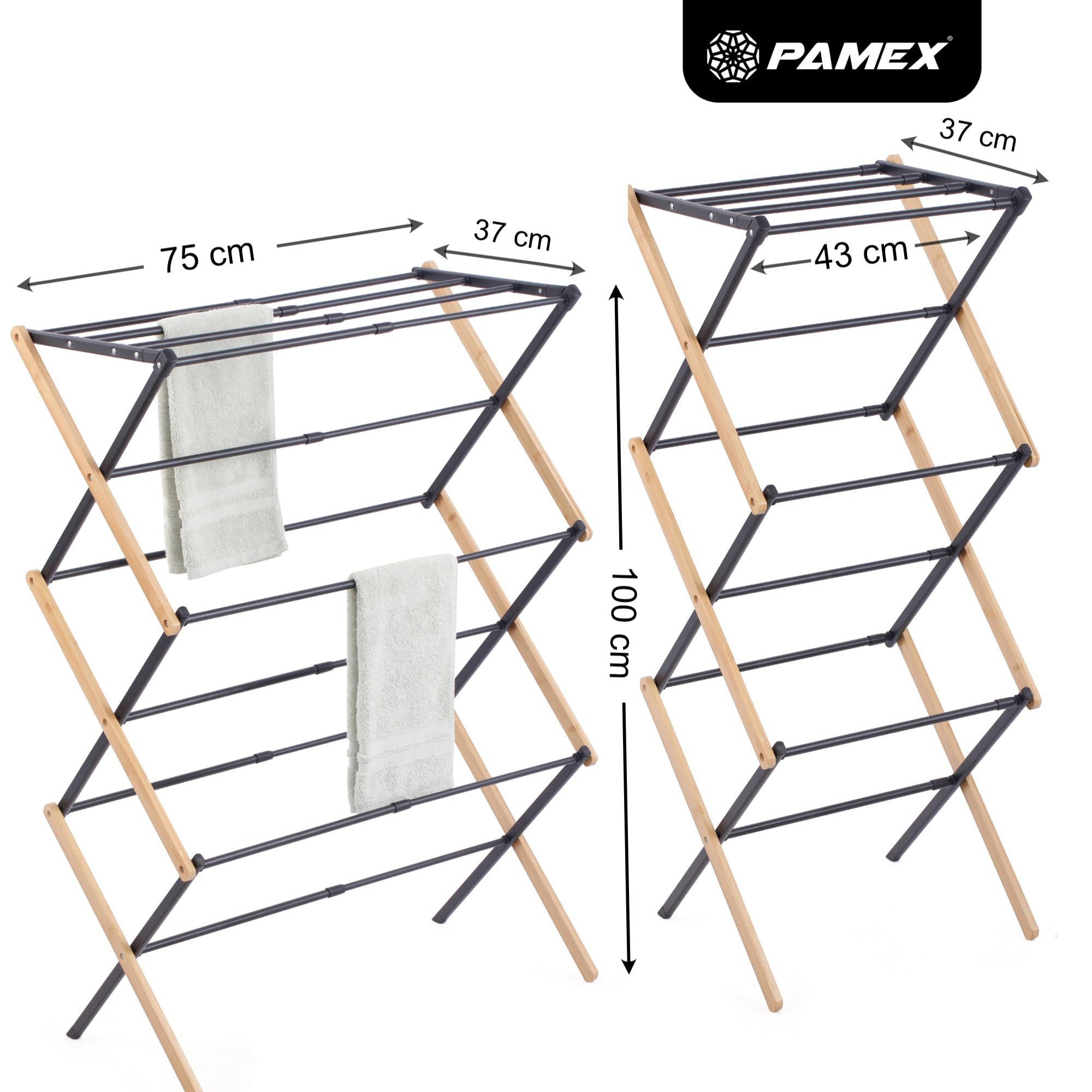 PAMEX Tendedero Plegable Extensible de Madera bambú Totalmente montado con Gran Superficie de Secado tendedero de Madera Resistente, Plegable de Tipo Torre Que Ahorra Espacio