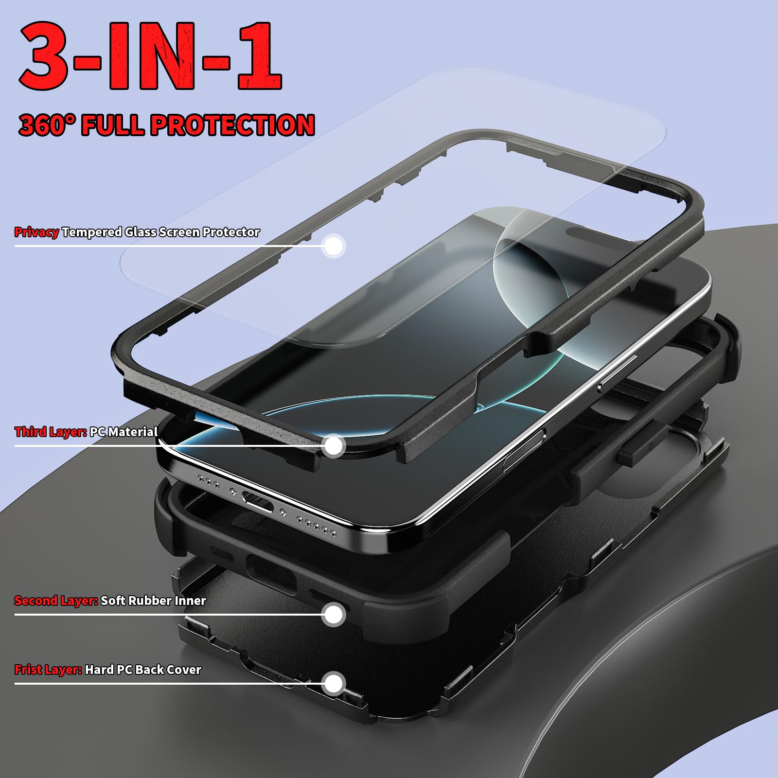 Wahhle Compatible With IPhone 16 Pro Case, Built In Screen Protector Full Body Shockproof Slim Fit Bumper Protective Phone Cover 6.3'' Men Women-Black/Clear
