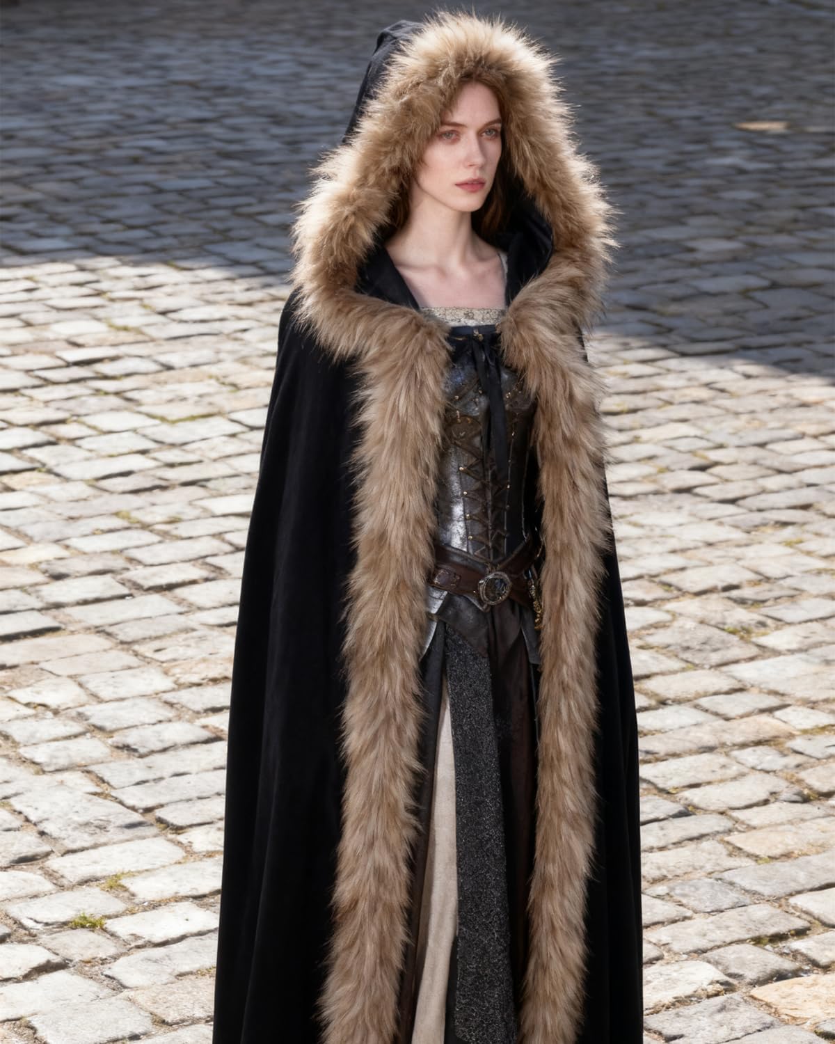 Joukavor Viking Fur Hooded Cloak Medieval Velvet Cape with Hood for Halloween - Image 3