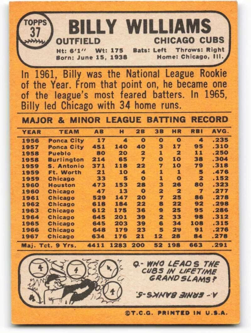 1968 Topps #37 Billy Williams NM+ Chicago Cubs Baseball Trading Card