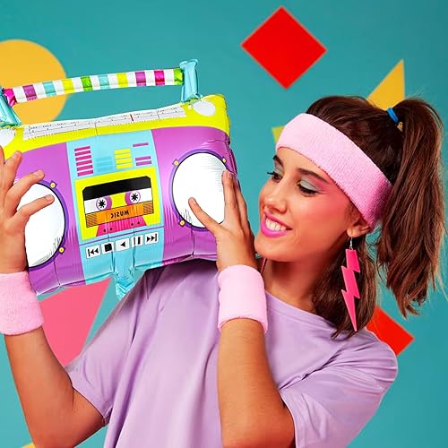 Miniatura 5 de Juego de 10 globos de patinaje de 22 pulgadas, globos de bola de discoteca de papel de aluminio de color Boombox, globos retro de los años 80 y 90