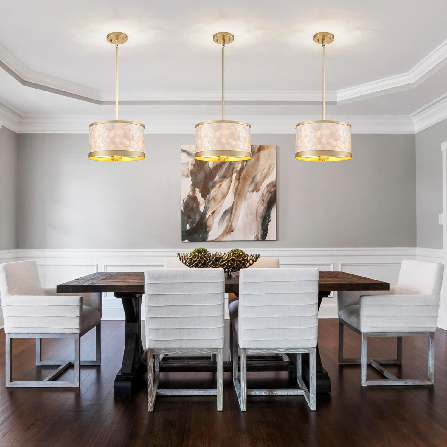 4-Light Drum Capiz Shell Chandeliers, Coastal Style Pendant Light Fixture for Dining Room, Living Room, Kitchen, D12*H16~46 inch (Adjustable Height), Shell Lampshade & Gold Finish Frame