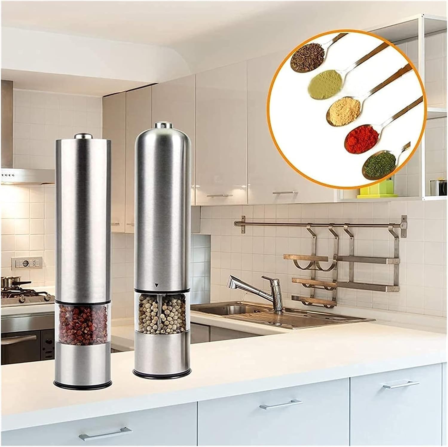 Electric Pepper and Salt Grinder Set, Battery Operated Stainless Steel Pepper Mill with Light,One Handed Operation, Adjustable Ceramic Grinder