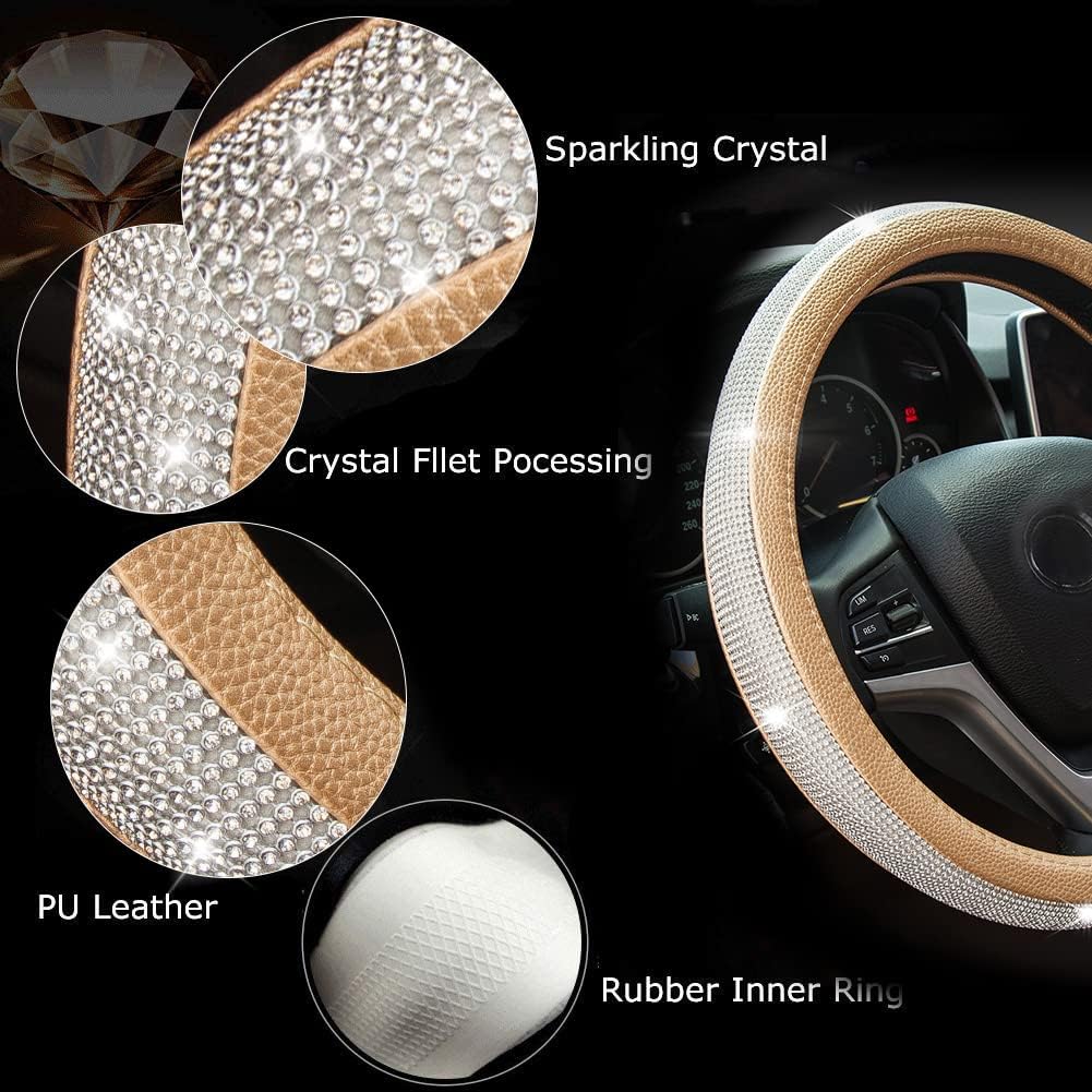 New Diamond Leather Steering Wheel Cover with Bling Crystal Rhinestones | Universal Fit 15 Inch Car Wheel Protector for Women Girls Gold