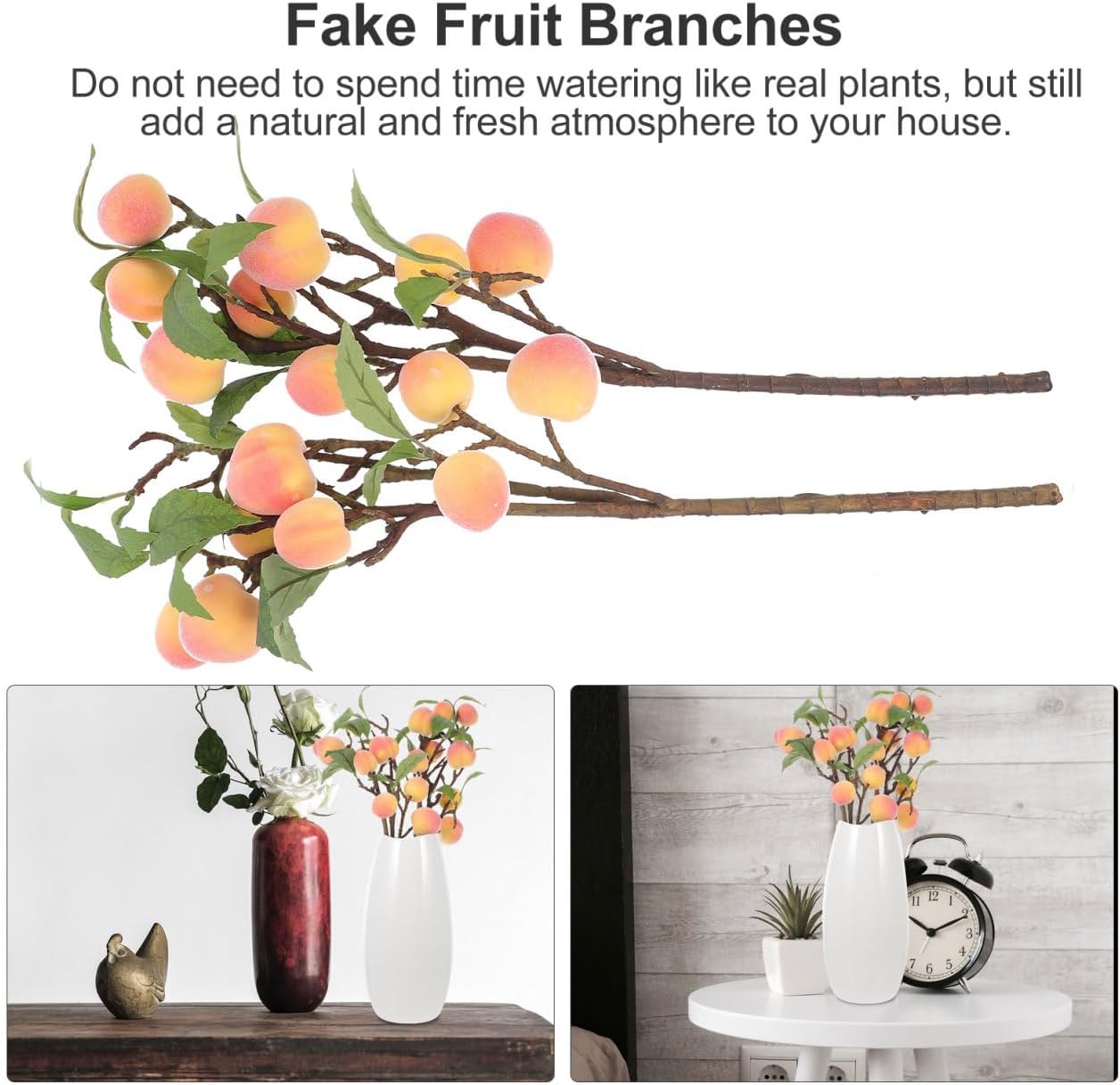 Artificial Peach Branches Faux Fruit Stems for Vase Home Décor Pink Medium Size 2pcs Simulation Fruit Branches for Flower Arrangement and Interior Decoration