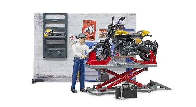 bruder 62102 - bworld taller de motos Scrambler Ducati Full Throttle con mecánico,taller, figura de juguete