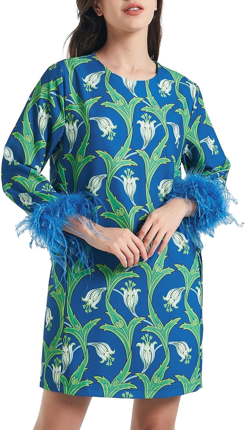 D-Sun Women Feather Dress Round Neck Casual 3/4 Feather Sleeves Party Dress Elegant Wedding Guest Cocktail Mini Dresses
