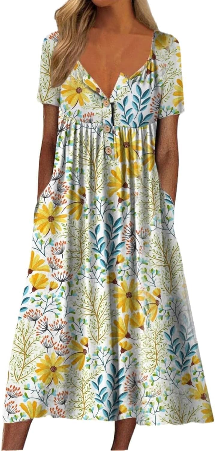 Women Button Summer Dresses Up Neck  Boho Floral