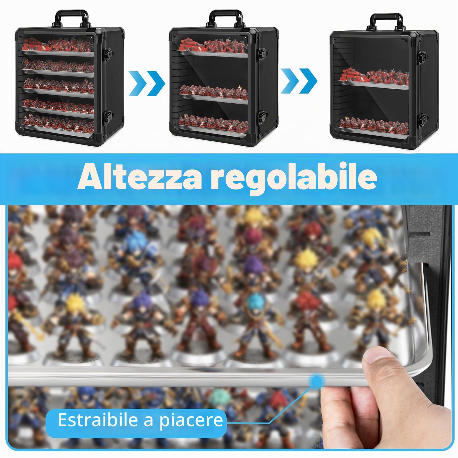 OUUTMEE Custodia per miniature, custodia per il trasporto di miniature con telaio in lega di alluminio, custodia per il trasporto in miniatura con 5 vassoi in metallo, scatola con serratura per