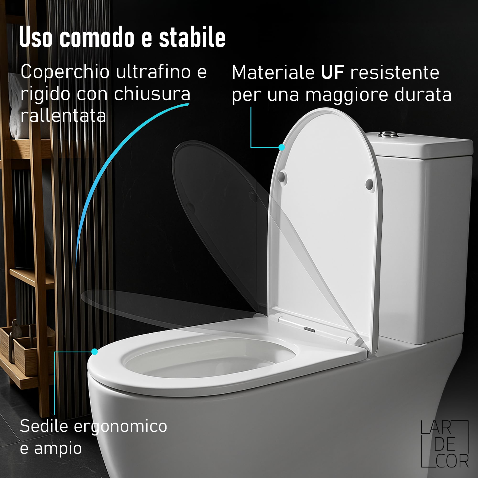 WC Completo Rimless | 605×370×800 mm | Sanitari Bagno in Ceramica a Terra con Sedile Duro Ultra Sottile, Funzione Soft-Close, Scarico Doppio a Risparmio Idrico e Uscita Duale (Bianco)