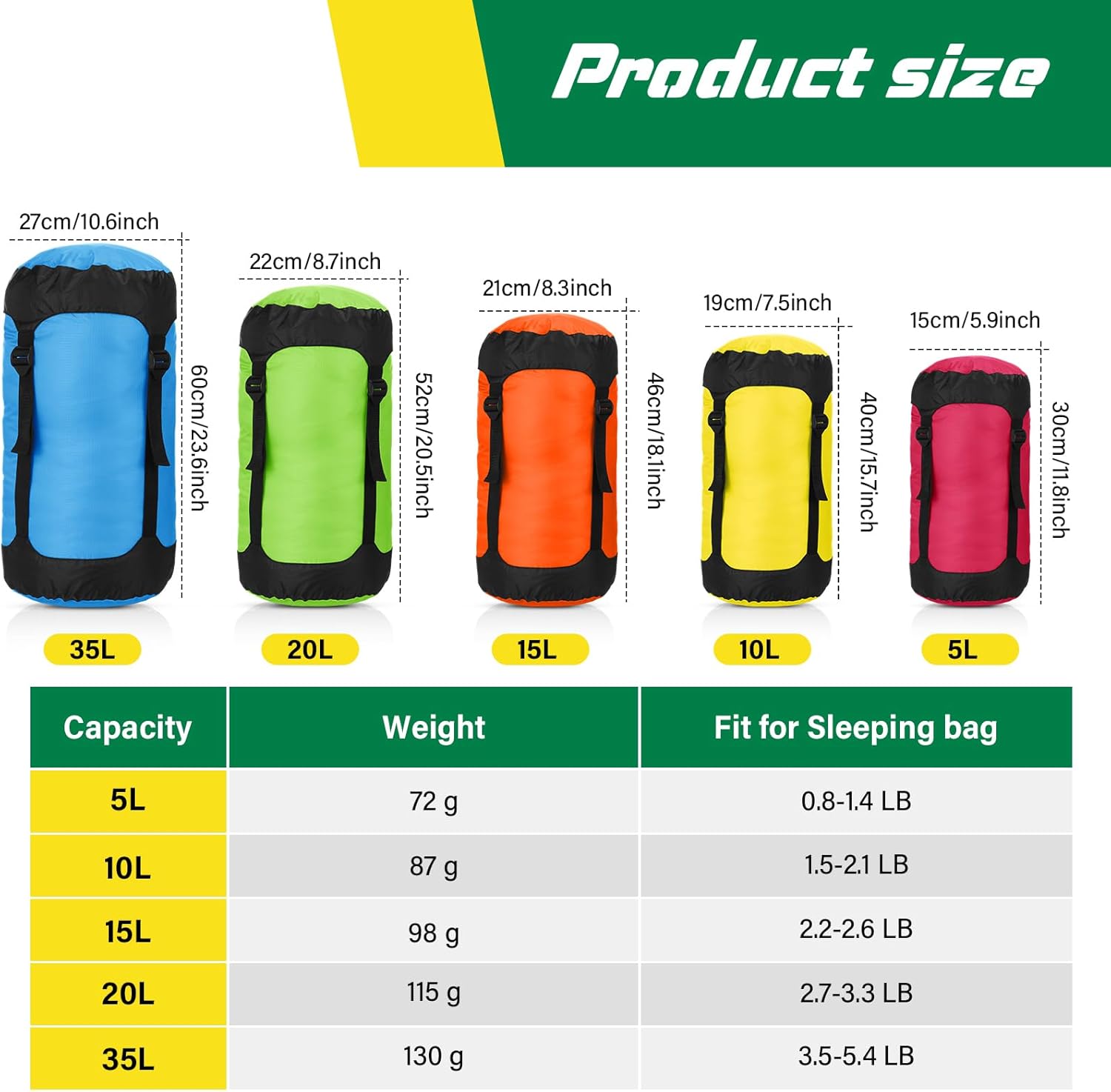 5 Pcs Compression Sacks for Backpacking 5L/10L/15L/20L/35L Camping Sleeping Bag Stuff Sack Water Resistant Sleeping Bag Storage Sack for Space Saving Hiking Gear - Image 2