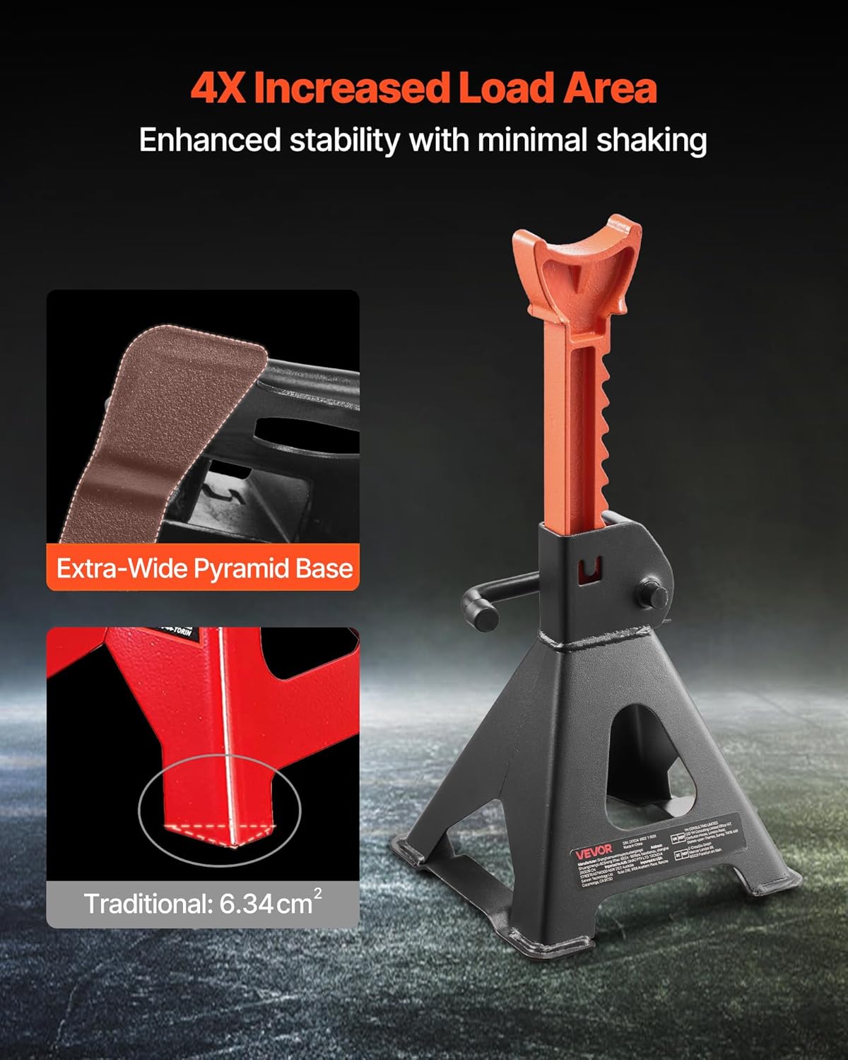 VEVOR Jack Stands, 3 Ton (6,600 lbs) Capacity, 10.8-16.3 in Adjustable Height, Heavy Duty Steel Jack Auto Stands with Locking, for Lifting SUV, Pickup, Car and UTV/ATV, 1 Pair, Black and Orange