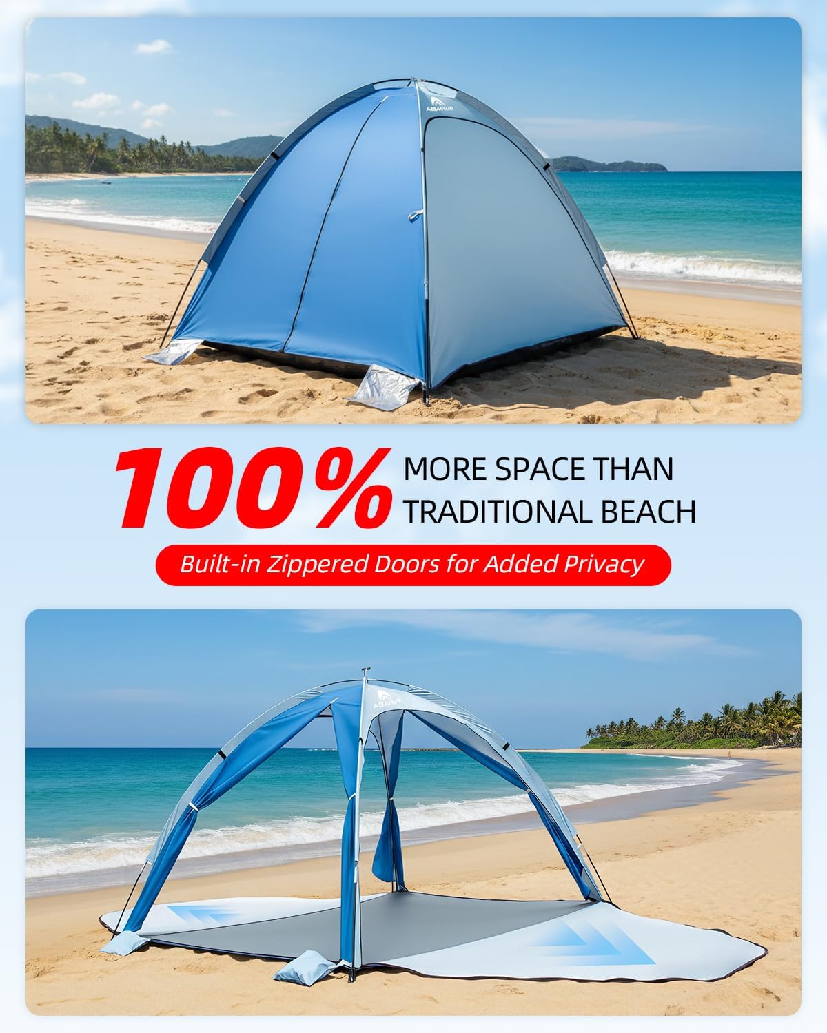 Abahub 3 Person Beach Tent Sun Shelter with UPF 50+ UV Protection, Portable Sun Shade with 4 Doors and 360° Ventilation, Lightweight Beach Cabana for Beach, Camping, Fishing & Outdoor Activities