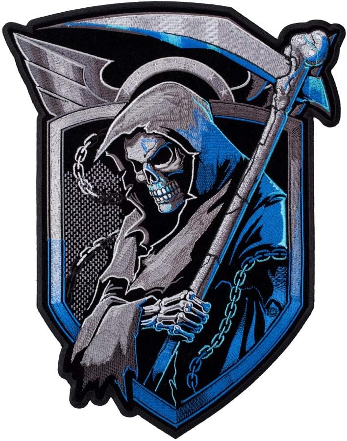 PatchStop Grim Reaper Shield Blue Iron On Patches for Clothing Jeans - 9.75x12.5in X-Large DIY Sew On Back Patch for Jackets Bags - Embroidered Decorative Skull Patches