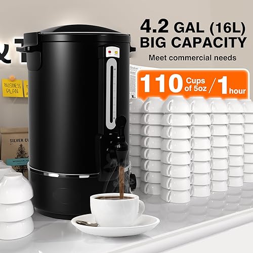 Miniatura 2 de Urna de café comercial, dispensador de bebidas calientes de acero inoxidable de 110 tazas de 16 L, urna eléctrica de agua caliente para bodas,