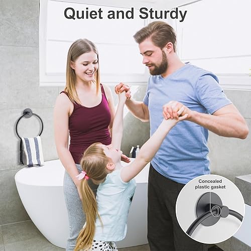 Miniatura 4 de Toallero para baño, anillo de toalla negro mate, 2 toallas de mano adhesivas montado en la pared, colgador de toallas para baño y cocina, accesorios