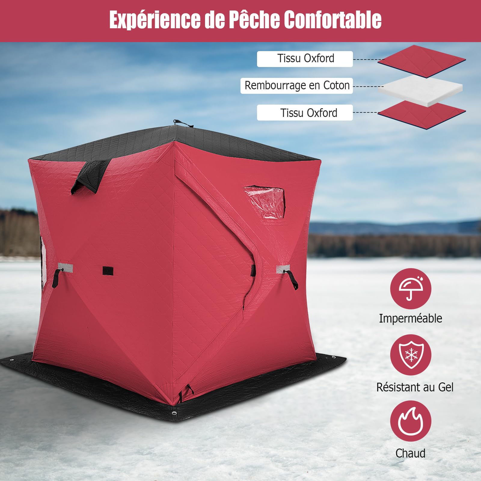 COSTWAY Tente de Pêche sur Glace Portable 2x2M, Abri de Pêche Isolé Pop-Up pour 2 Personnes avec Fenêtres Porte Zippée Aérations Sac de Transport, Cabane de Glace Imperméable d'hiver