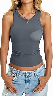 Womens Built in Shelf Bra Tank Tops Padded Ribbed High Neck Shirts Slim Fitted Basic Summer Sleeveless Tee