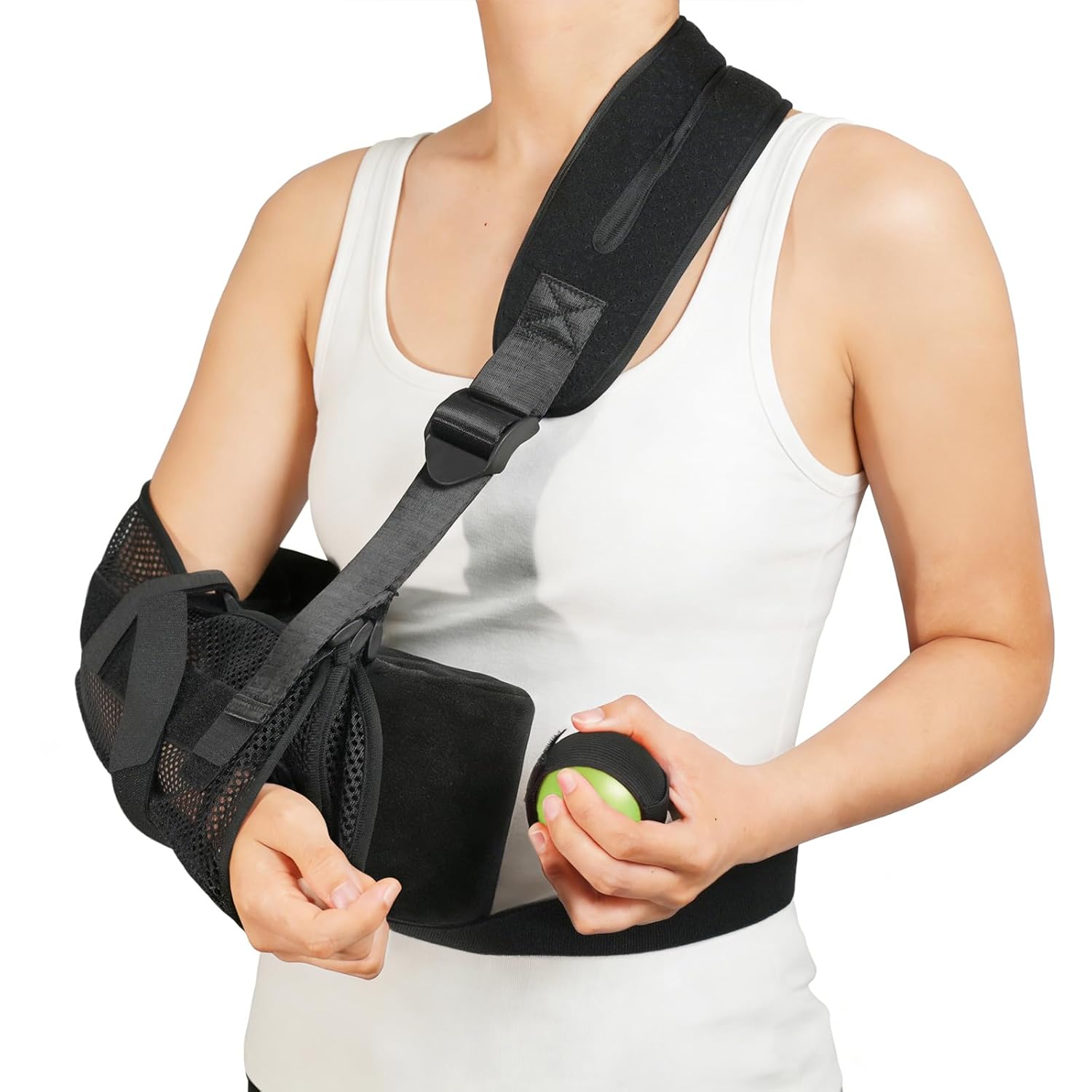 Comfortable arm sling Equipped with a padded sling, removable abduction pillow, training ball, and stabilization support plate to help you recover comfortably after a rotator cuff tear and arm pain.（Black-pillow)