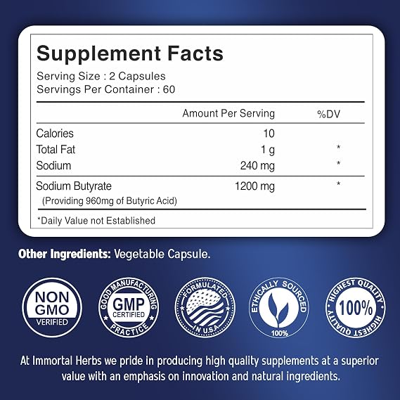Sodium Butyrate Capsules 1200mg, High Absorption Postbiotic, 120 Count, Standardized Butyric Acid, Vegan, Non-GMO & Gluten-Free Butyrate Supplement for Women and Men