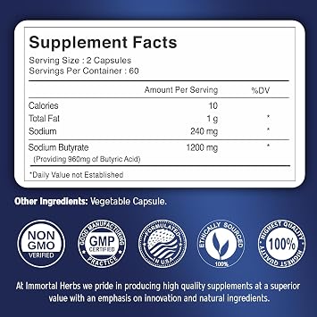 Sodium Butyrate Capsules 1200mg, High Absorption Postbiotic, 120 Count, Standardized Butyric Acid, Vegan, Non-GMO & Gluten-Free Butyrate Supplement for Women and Men