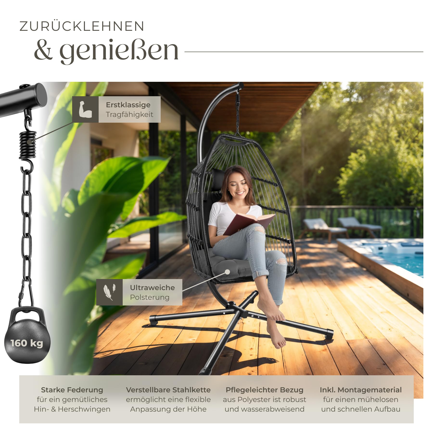 tectake® Hängesessel mit Gestell, Dicke Kissen, Möbel, Deko für Wohnzimmer, Jugendzimmer, Balkon, Outdoor oder Indoor Schaukel Sessel, Kinder & Erwachsene, belastbar bis 160kg - dunkelgrau - 4