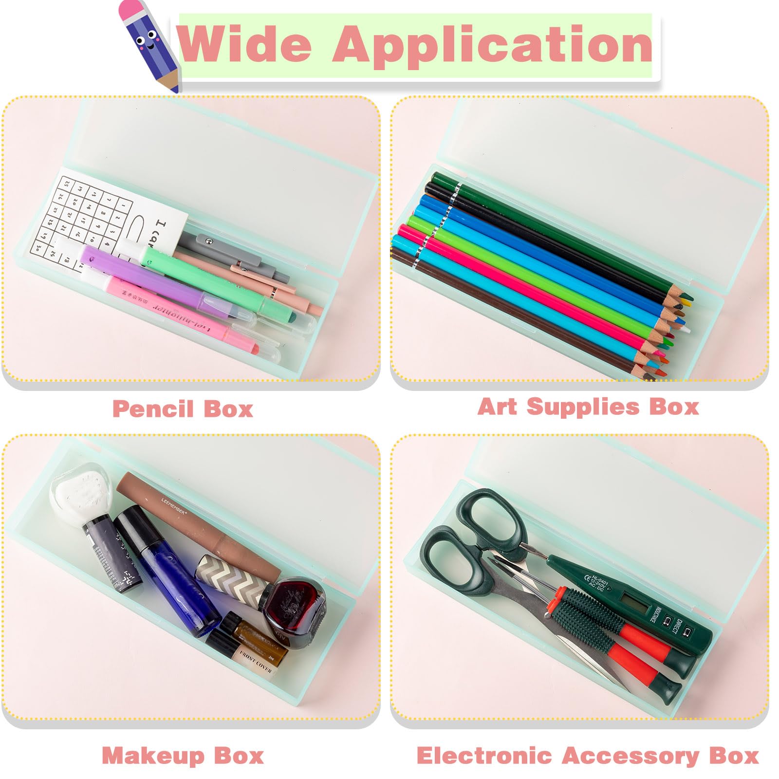 Fainne 24 Pack Plastic Pencil Cases Bulk - Frosted Snap Closure Pen Boxes For School & Office (Pink) - View #13