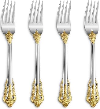 KEAWELL Luxury Salad Forks Dessert Forks Set, Set of 4, 18/10 Stainless Steel, 7 Inches, Dishwasher Safe, Mirror Polished, Silverware Fork Set Gold Accent