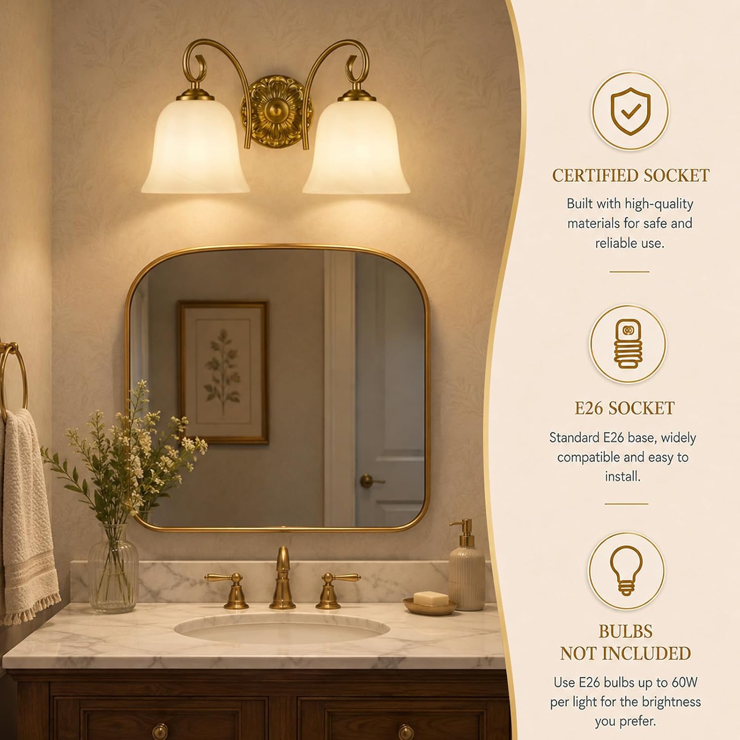 Hamilyeah Gold Vintage Bathroom Vanity Light, Milky White Glass, 2-Light