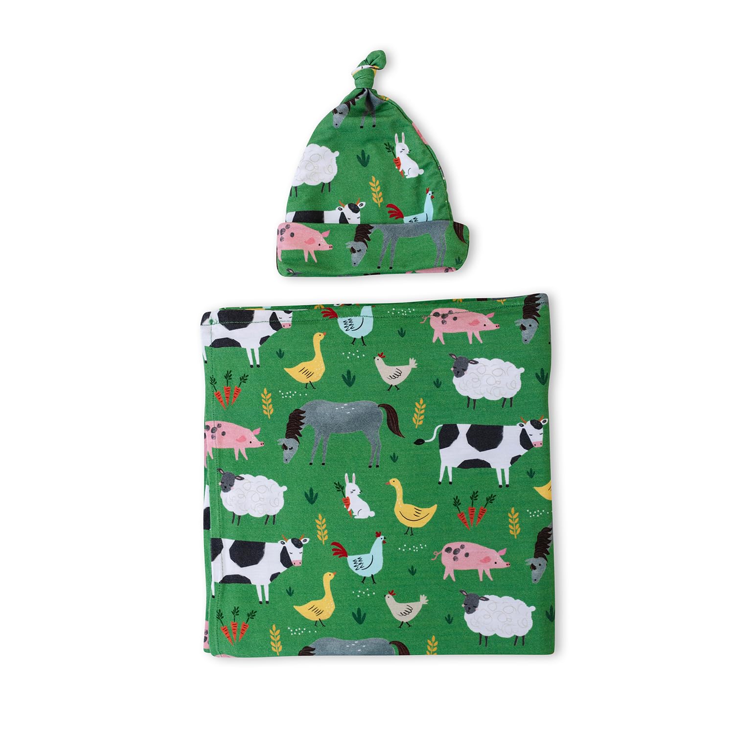 Little SleepiesLittle Sleepies Newborn Swaddle + Hat Set, Viscose from Bamboo Baby Wrap, Green Farm Animals