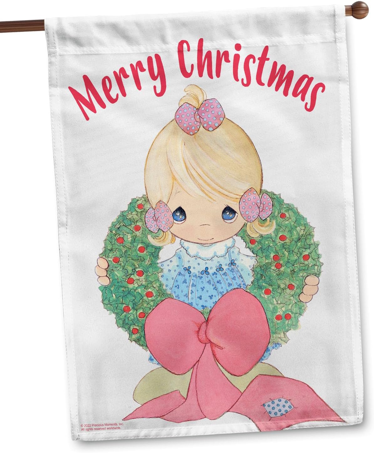 Flagology.com, Precious Moments Merry Christmas Wreath Girl – House Flag 28" x 40", Outdoor Flag, Exclusive Premium Fabric, Licensed Precious Moments, Christmas