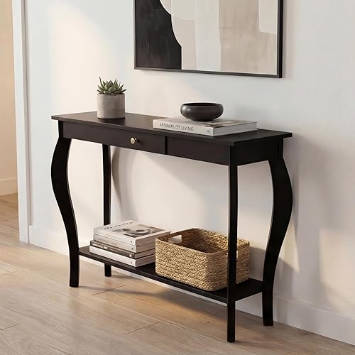 Miniatura 5 de ChooChoo Mesa consola estrecha con cajón, elegante mesa de sofá, mesa de entrada, color negro Negro -,Espresso,Blanco suave,Blanco