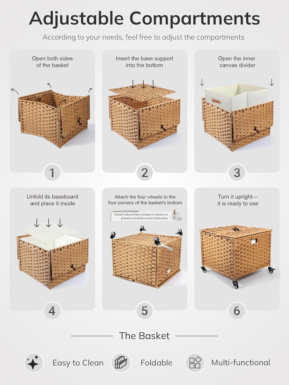 BROWNLILY Rolling Shoe Organizer with Double-Door Lid, Faux Rattan Woven Entryway Storage Basket with Metal Frame & Silicone Pads, Removable Liner & 16-Grid Adjustable Dividers, Natural