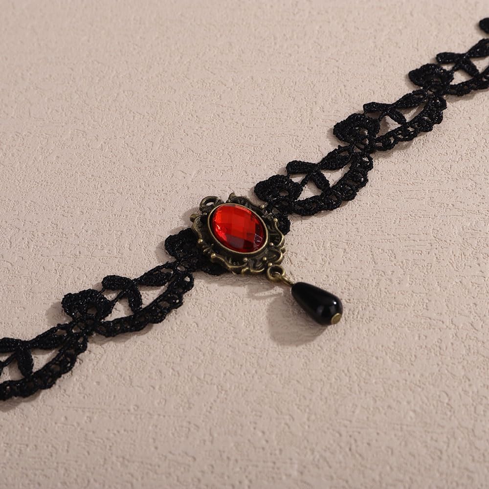 Missgrace Women Vinatge Simple Boho Punk Black Red Crystal Tassels Teardrop Bead Lace Choker Necklace Accessories Halloween Gothic Punk Black Crystal Necklace for Women - Image 5