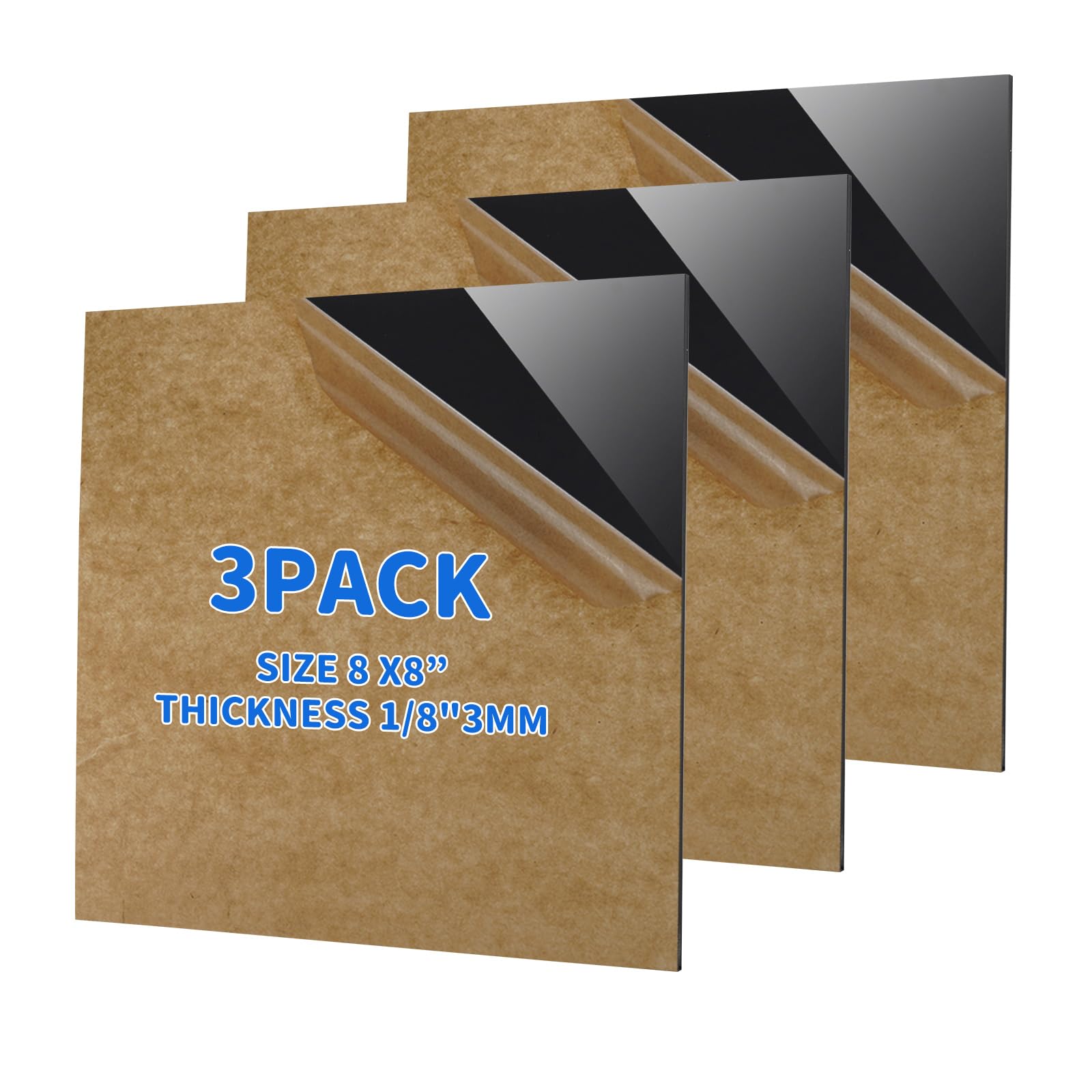3Pack 1/8Thick 8 X 8 Black Acrylic Sheets for Laser Cutting, Engraving, Uvprinting Signage, DIYcreativeprojects, Painting, Photography, and Display