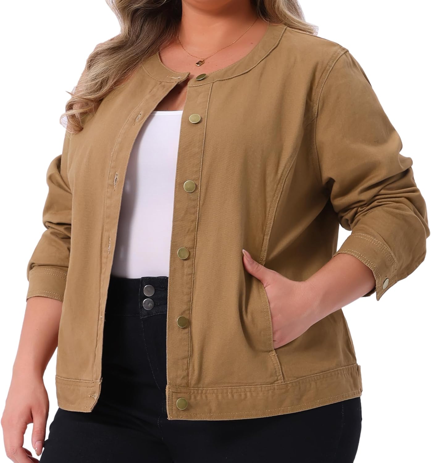 Agnes Orinda Women's Plus Size Denim Jacket Collarless Button Down Cargo Jean Jackets Shacket - Image 2