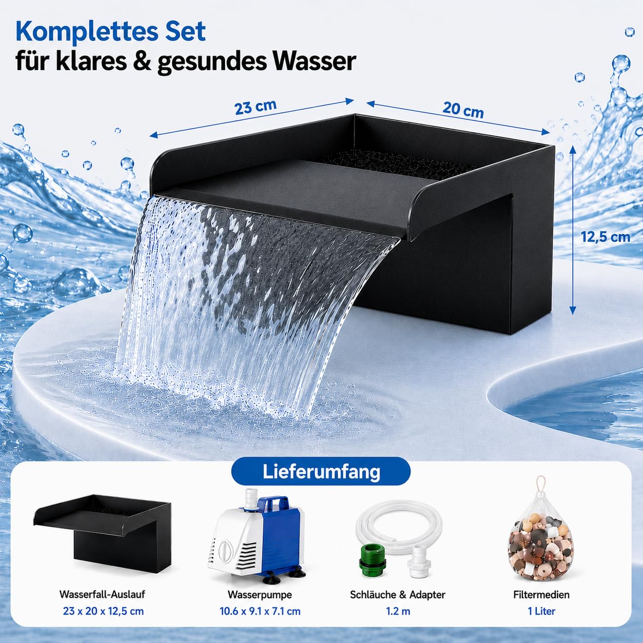 Set a cascata in acciaio inox, con pompa da laghetto da 45 W, tubo da 1,2 m e mezzi filtranti, set di filtri a cascata per laghetti da giardino, laghetti Koi, piscina e giochi d'acqua da