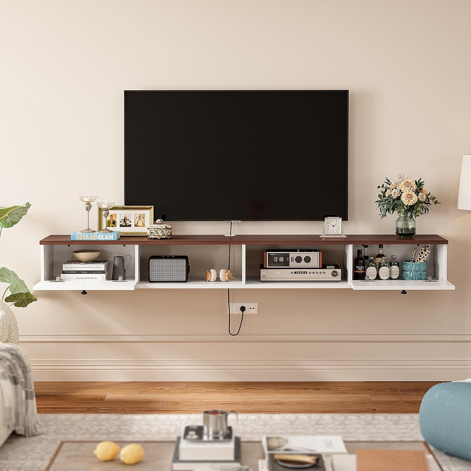 Floating TV Stand,Plywood Wall Mounted Media Console with 2 Doors & Open Storage, Modern Under TV Cabinet for Living Room & Bedroom,White & Walnut, 47 inch