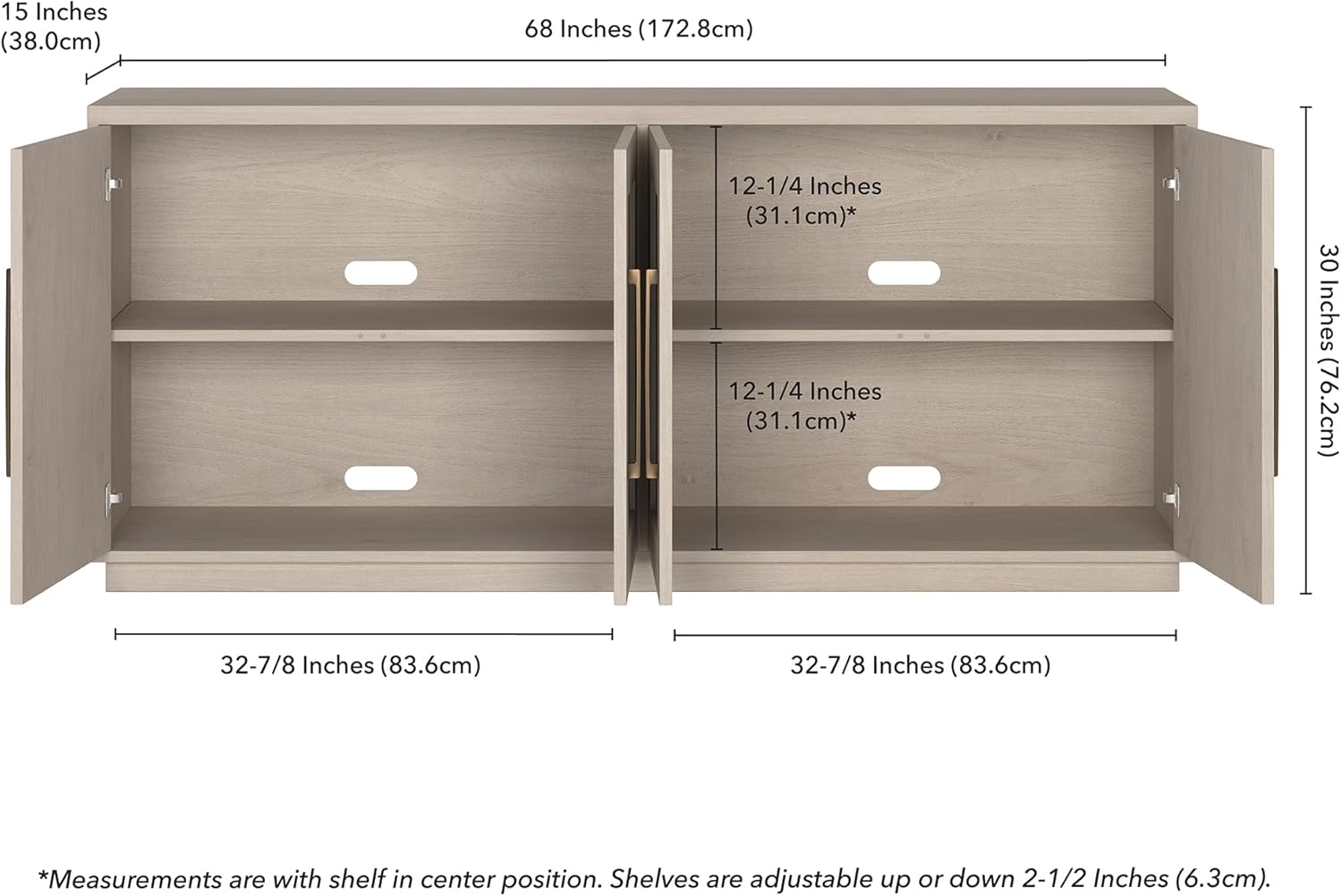 Henn&Hart 68" Sideboard Buffet Cabinet, Modern Credenza with 4 Panel Doors, Adjustable Shelves, and Cable Management Cut-Outs for Dining Room, Kitchen, Living Room or Entryway, Beech White